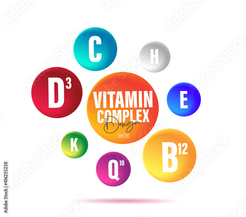 Composition with vitamins elements in multicolor circles, advertising labels for health diet supplements