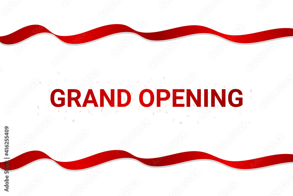 Grand Opening Banner With Ribbon And Red Confetti. Vector