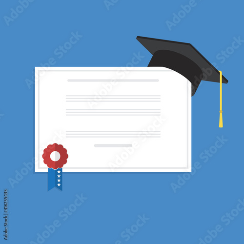 Graduation cap and diploma . Flat style vector illustration