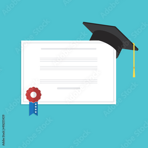 Graduation cap and diploma . Flat style vector illustration