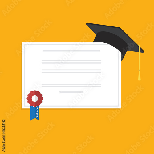 Graduation cap and diploma . Flat style vector illustration