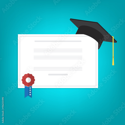 Graduation cap and diploma . Flat style vector illustration
