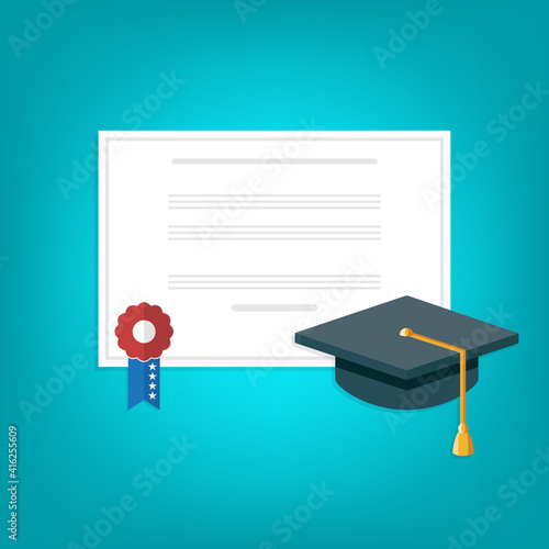 Graduation cap and diploma . Flat style vector illustration