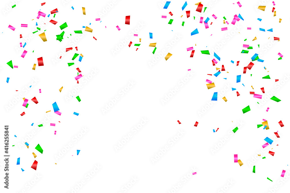 Many falling colorful confetti isolated on white background. Celebration banner. Vector