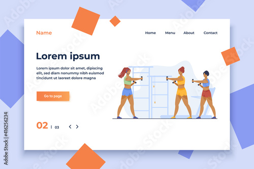 Women training with dumbbells in fitness club. Gym, muscle, arm flat vector illustration. Sport and healthy lifestyle concept for banner, website design or landing web page