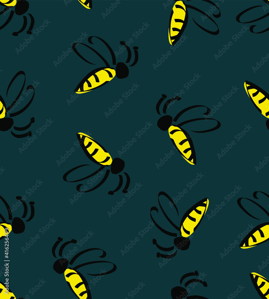 Abstract Hand Drawing Cute Flying Bees Repeating Vector Pattern Isolated Background