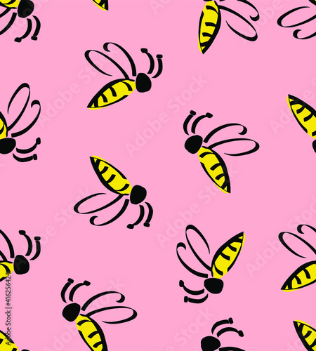 Abstract Hand Drawing Cute Flying Bees Repeating Vector Pattern Isolated Background © Didem