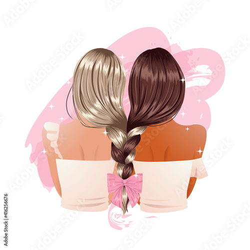 Girl friend braid stylish hairstyle decorated with ribbon. Friendship concept clip art. Flat vector illustration 