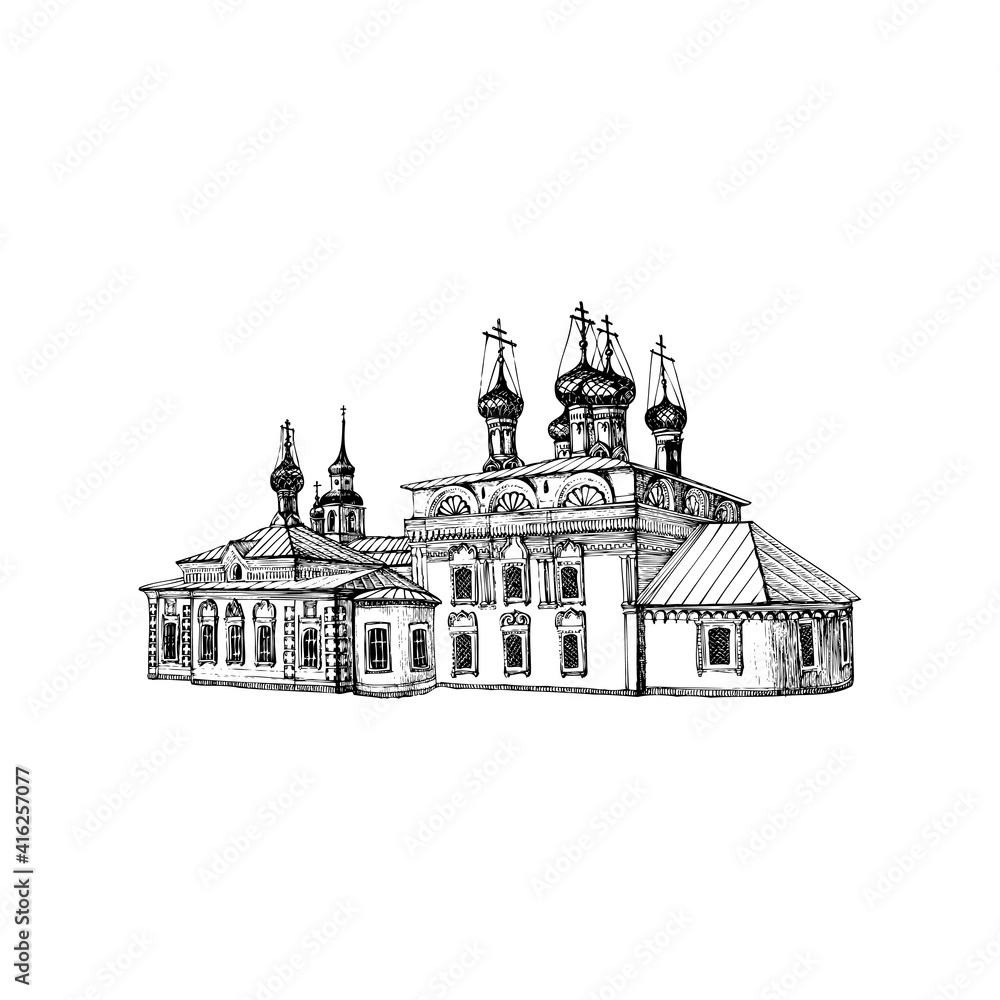 Drawing of the church. Painting of the Catherine Church (Vyatka city). Vector buildings
