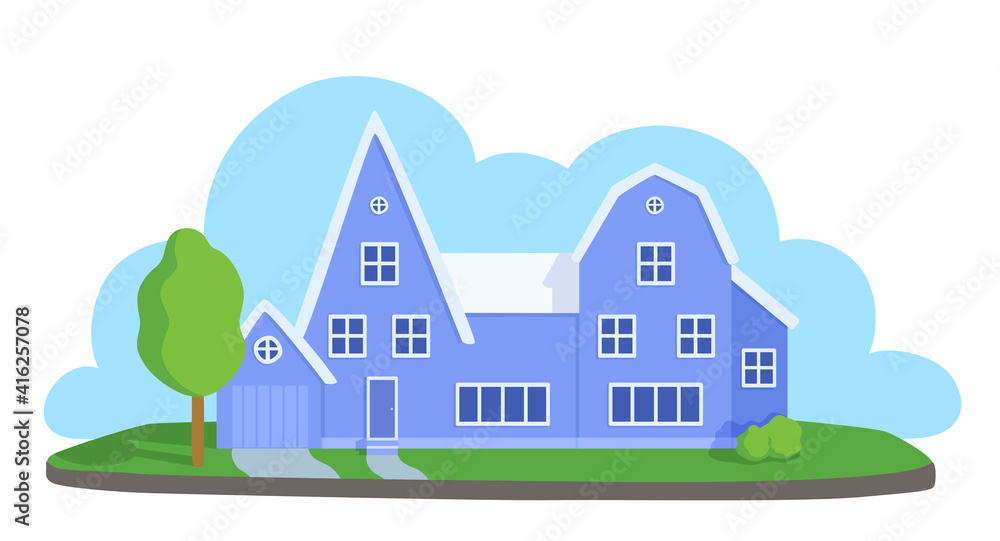 A model of a country house building with a garage. Sky cloud, lawn, tree. A suburb cottage, townhouse front view. A vector cartoon illustration.