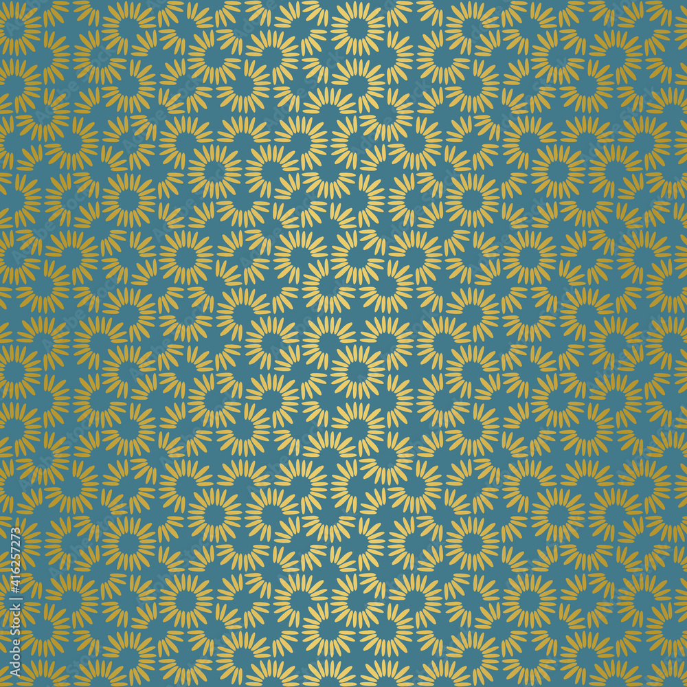 Abstract seamless vector pattern with gold daisy petals on blue background. Minimal concept great for summer home decor vintage fabric, scrapbooking, wallpaper, gift-wrap. Surface pattern design. Abstract seamless vector pattern with gold daisy petals on blue background. Minimal concept great for summer home decor vintage fabric, scrapbooking, wallpaper, gift-wrap. Surface pattern design.