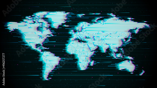 Vector. Abstract map of the planet Earth on a dark background. Glitch. White torn outlines of continents with color effect of anaglyph and TV interference. Technological template for websites.
