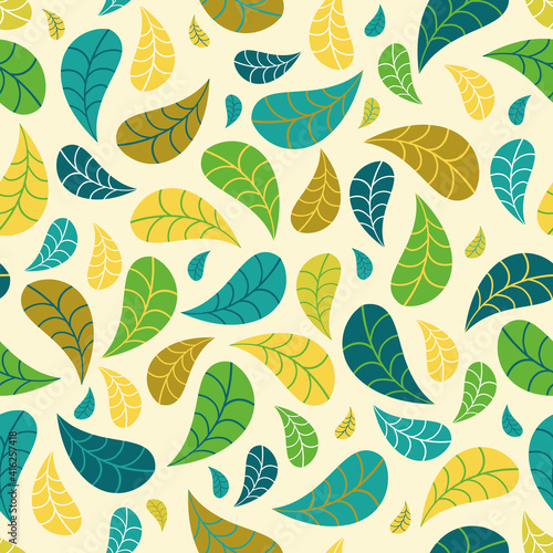 Modern colourful seamless geometric pattern with falling leaves on pale yellow backgound. Abstract autumn vector for wallpaper, wrapping paper, home decor and fashion fabrics.