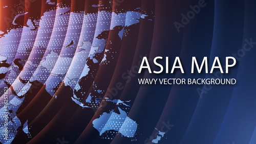 Abstract image of Asia and Oceania in perspective on a dark background. Vector. The contours of Asian countries in the form of a wavy structure. 3D effect with glow and blur. Planet Earth.