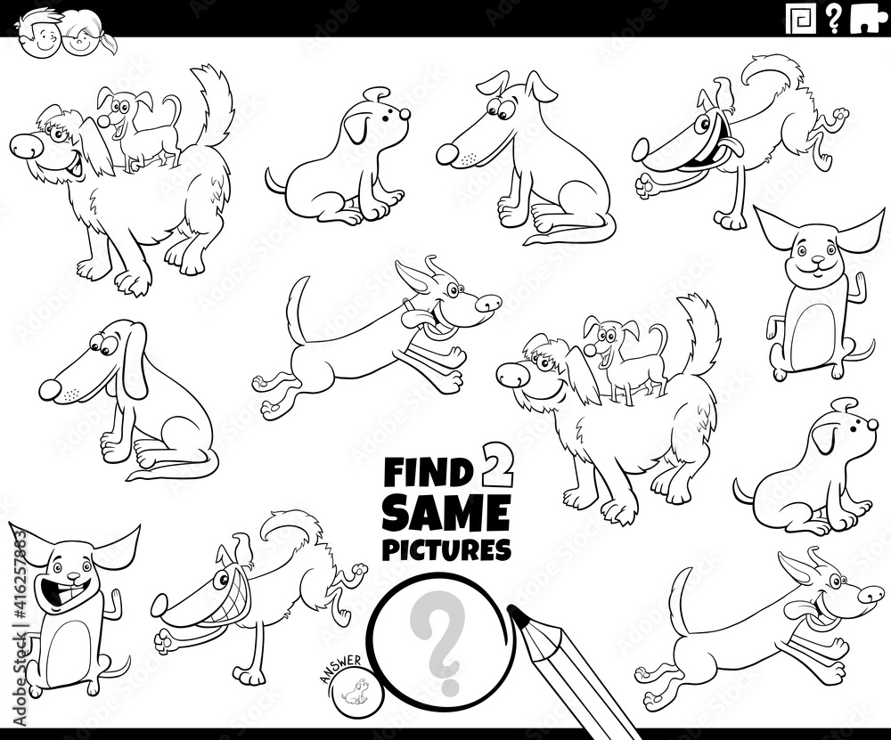 find two same dog characters game coloring book page find two same dog characters game coloring book page