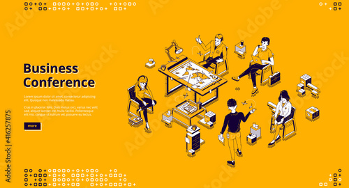 Business conference banner. Training, seminar and meeting for professional learning and communication. Vector landing page of team education in company with isometric people and speaker in office
