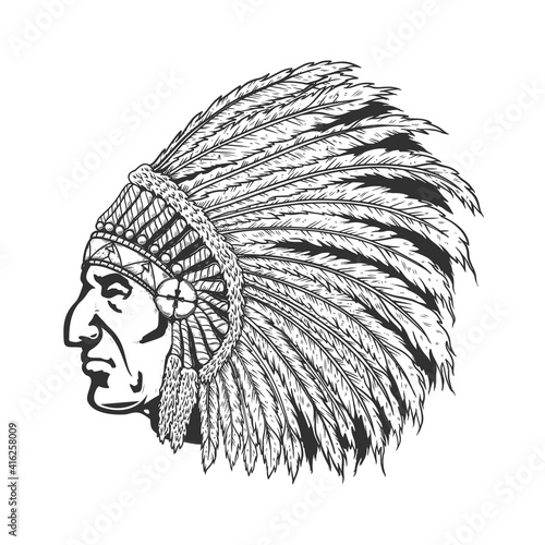 Illustration of native american chief head in traditional headdress. Design element for logo, label, sign, emblem, poster. Vector illustration