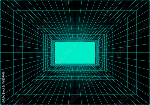 Virtual reality tunnel or wormhole. Perspective grid of empty tunnel with light in the end. Matrix data visualization. Vector