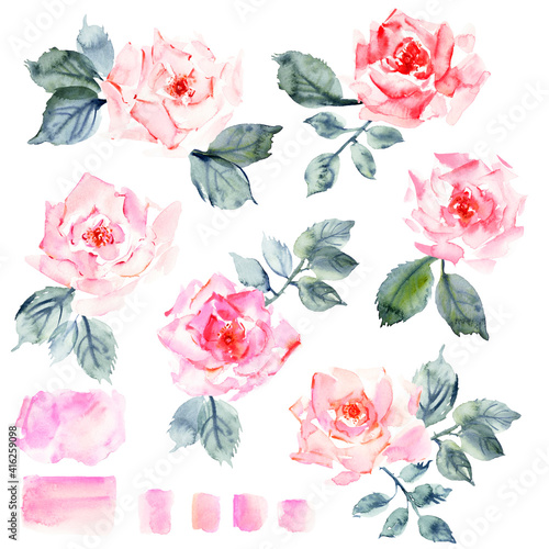 Hand drawn watercolor rose flowers, leaves and branches, pink stains © katyabogina