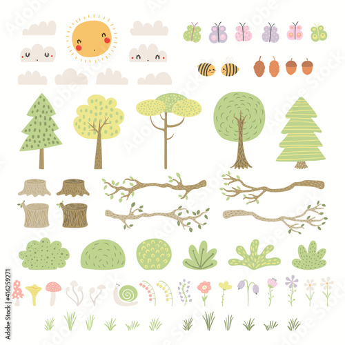 Woodland landscape clipart set  tree  bush  grass  flower  isolated on white. Hand drawn vector illustration. Scene creator  elements collection. Scandinavian style flat design. Concept for kids print