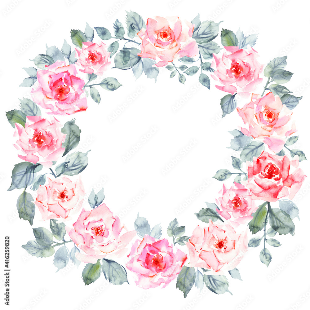 Hand drawn watercolor rose flowers wreath frame