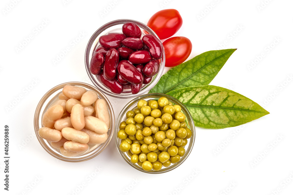 Canned green peas, kidney and navy beans, nonperishable food, isolated