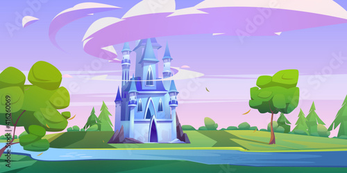 Magic blue castle on green meadow with trees and river. Vector cartoon landscape with royal palace in fairytale kingdom with clouds around towers and water stream