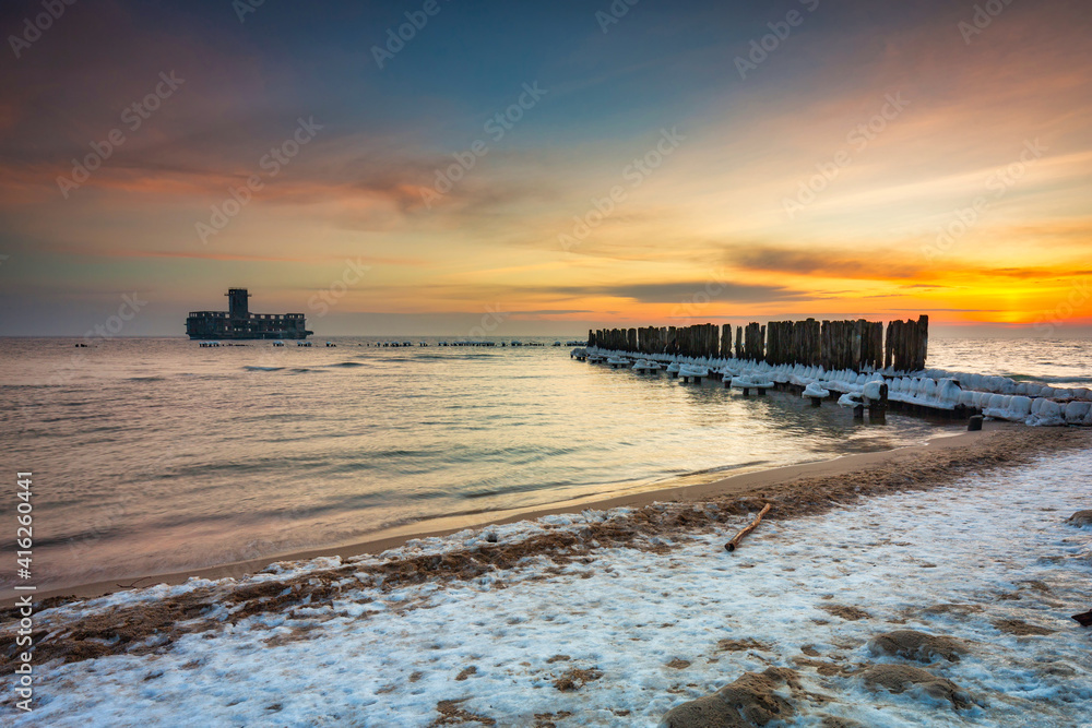 Baltic Sea beach in Babie Doly at winter sunrise. Gdynia, Poland Baltic Sea beach in Babie Doly at winter sunrise. Gdynia, Poland