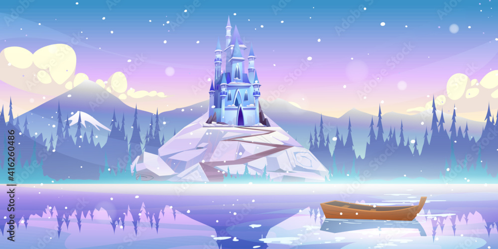Fotografie Magic castle on mountain top at river pier with boat floating on water at winter day with falling snow
