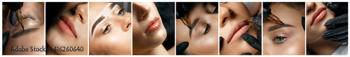 Set of permanent makeup photos: cosmetician applying permanent pigment photo