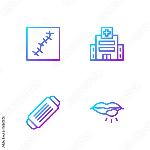 Set line Herpes lip, Medical protective mask, Scar with suture and hospital building. Gradient color icons. Vector.