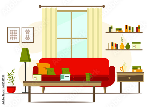 living room interior with furniture, flat cartoon vector illustration