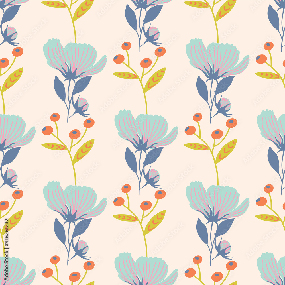 Vector wild flowers and berries seamless pattern background. Vector wild flowers and berries seamless pattern background.