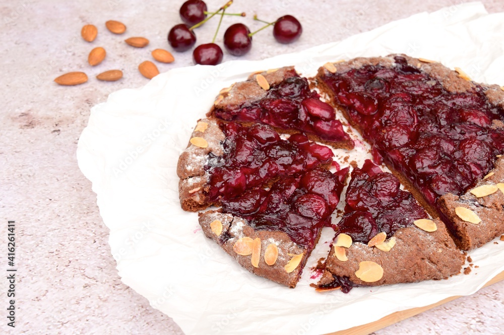 Homemade cherry pie almond chocolate galette. Cherry galette. Summer Dessert Homemade cherry pie almond chocolate galette. Cherry galette. Summer Dessert