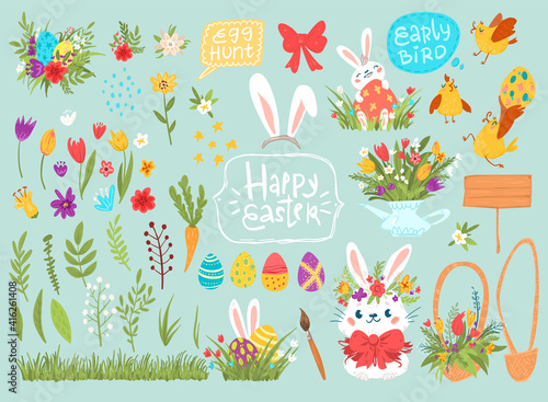 Cartoon vector easter graphical set with rabbits