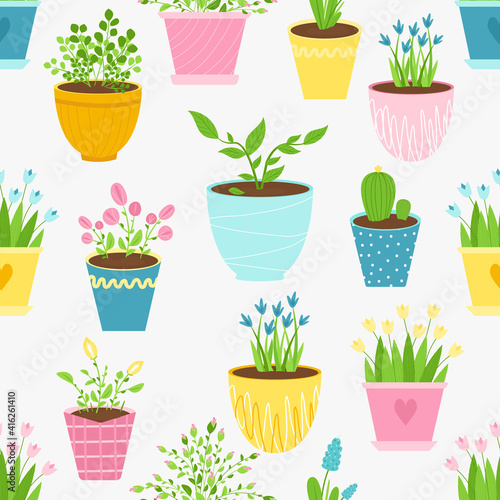 Seamless background with houseplants, flowers in pots. Cute print for curtains, kitchen towels, country, gardening and floriculture products advertising, wrappers. Vector illustration