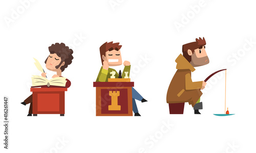 Male Hobby or Profession Set, Man Poet, Chess Player, Fisherman Cartoon Vector Illustration