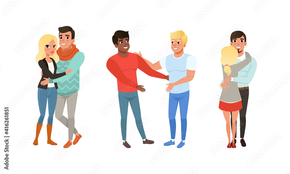 Obraz premium Happy Couples Hugging Set, Smiling Romantic Partners or Friends Embracing Cartoon Vector Illustration
