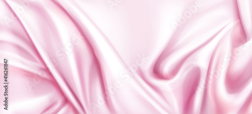 Abstract background with pink silk cloth. Texture of shiny satin fabric with waves and drapery. Vector realistic wallpaper with luxury flowing textile. Elegant background with rose smooth material