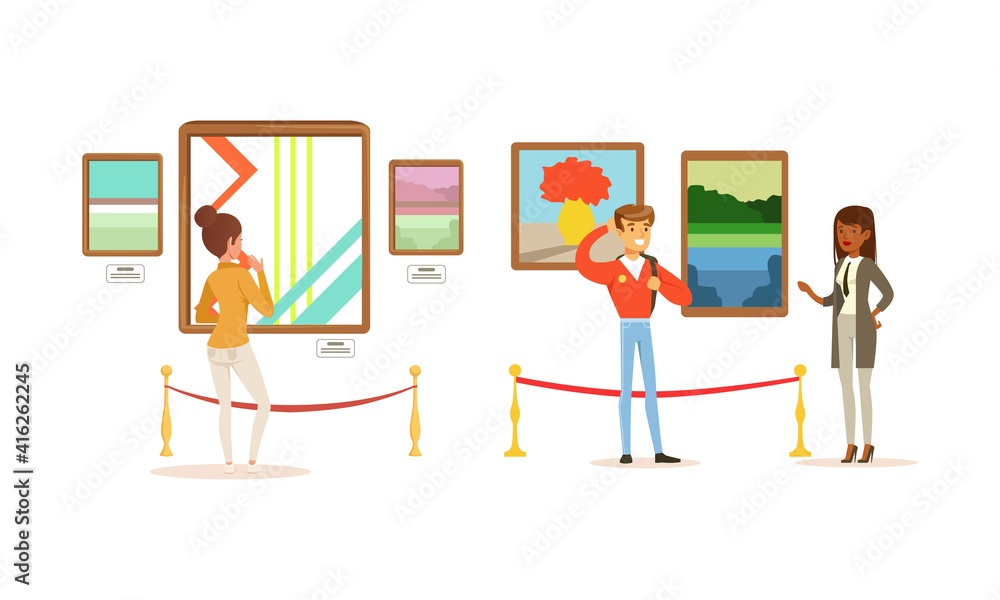 People Looking at Abstract Paintings at Exhibition, Visitors Viewing Exhibits at Modern Art Gallery Cartoon Vector Illustration People Looking at Abstract Paintings at Exhibition, Visitors Viewing Exhibits at Modern Art Gallery Cartoon Vector Illustration