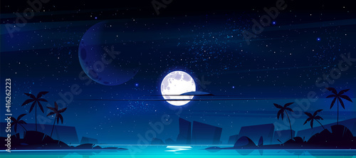 Tropical landscape with sea bay at night. Vector cartoon illustration of seascape with sand beach, silhouettes of palm trees and mountains on horizon, moon and stars in sky