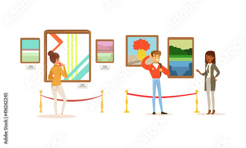 People Looking at Abstract Paintings at Exhibition, Visitors Viewing Exhibits at Modern Art Gallery Cartoon Vector Illustration