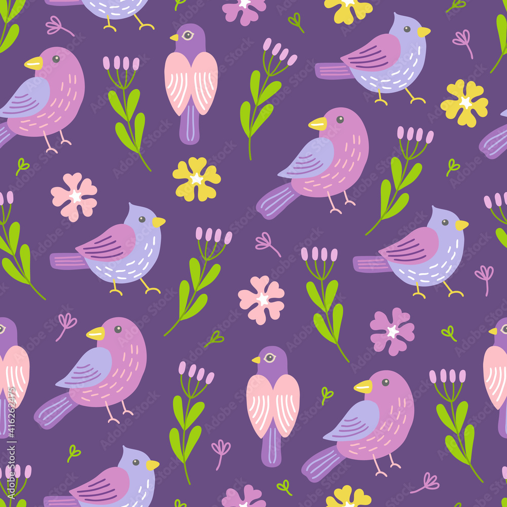 Spring seamless pattern with birds, flowers, leaves on violet background
