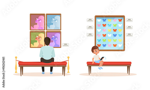 Visitors Viewing Exhibits at Classic Art Gallery or Museum Cartoon Vector Illustration