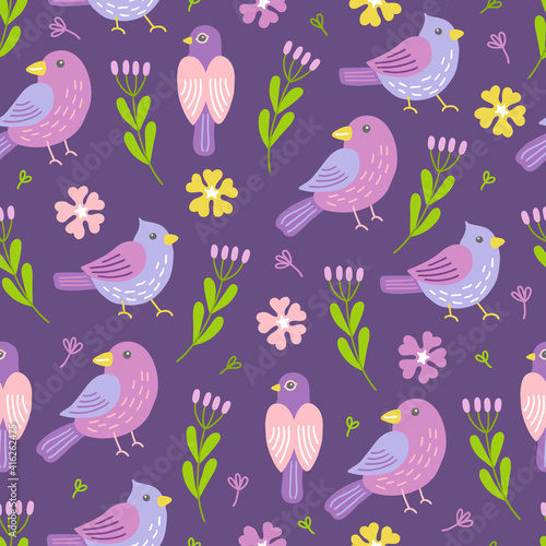 Spring seamless pattern with birds  flowers  leaves on violet background