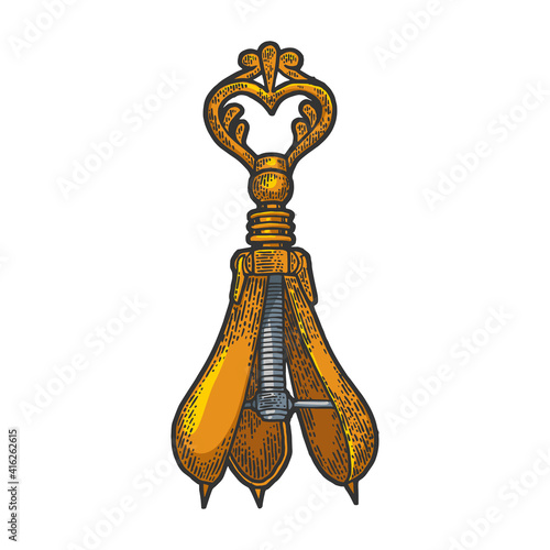 Pear of anguish medieval torture device color sketch engraving vector illustration. Scratch board style imitation. Hand drawn image.