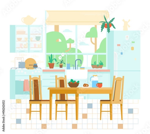 Cozy Kitchen Interior Flat Vector Illustration. Wooden Furniture, Table With Chairs, Window, Plants, Stove, Utensils, Fridge, Shelfs, Sink, Plate Rack.
