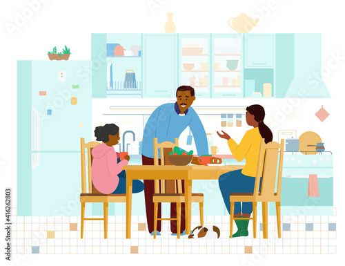African American Family Spending Time Together In The Kitchen.  Talking And Laughing Kitchen Interior With Wooden Furniture, Fridge,Table With Chairs. Flat Vector Illustration.