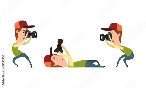 Man Paparazzi with Camera Set, Photographer with Camera in Various Poses Cartoon Vector Illustration