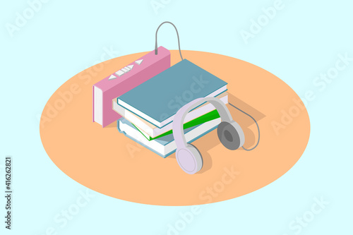 A group of books and headphones connected to a book, an isometric concept of audiobooks.